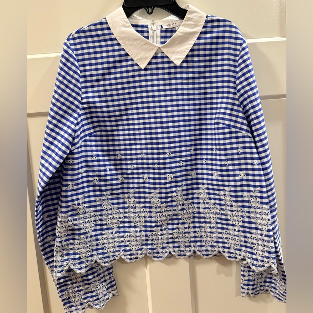 SOLD - English Factory Blue and White Checkered Top